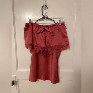 Silky Red Blush Lingerie Set with Lace Trim